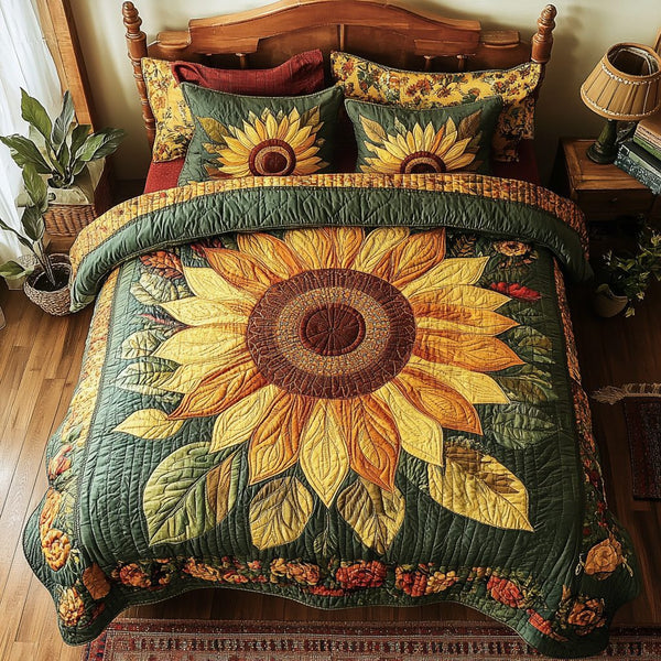 Rustic Sunburst quilted 3-piece bedding set on a made bed in a farmhouse bedroom
