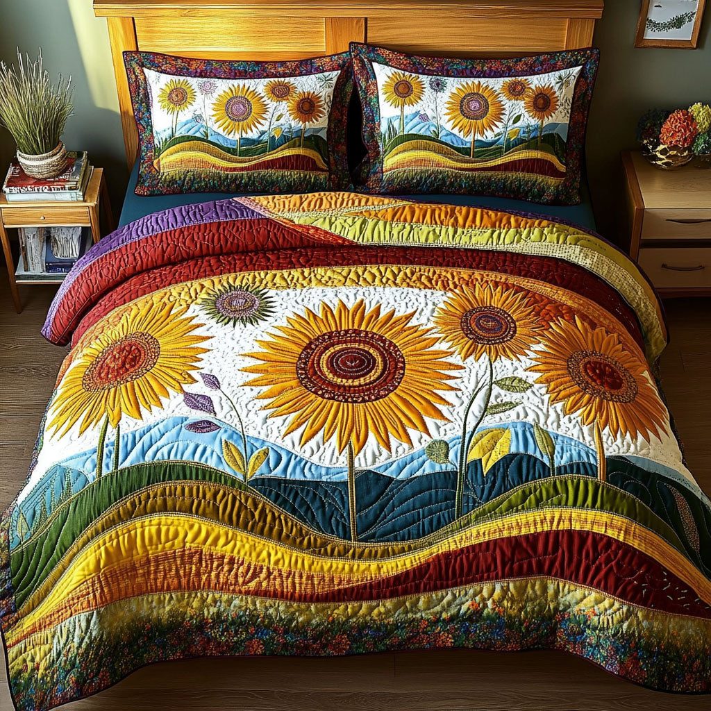 Rustic Sunflower Charm quilted 3-piece bedding set on a made bed in a farmhouse bedroom