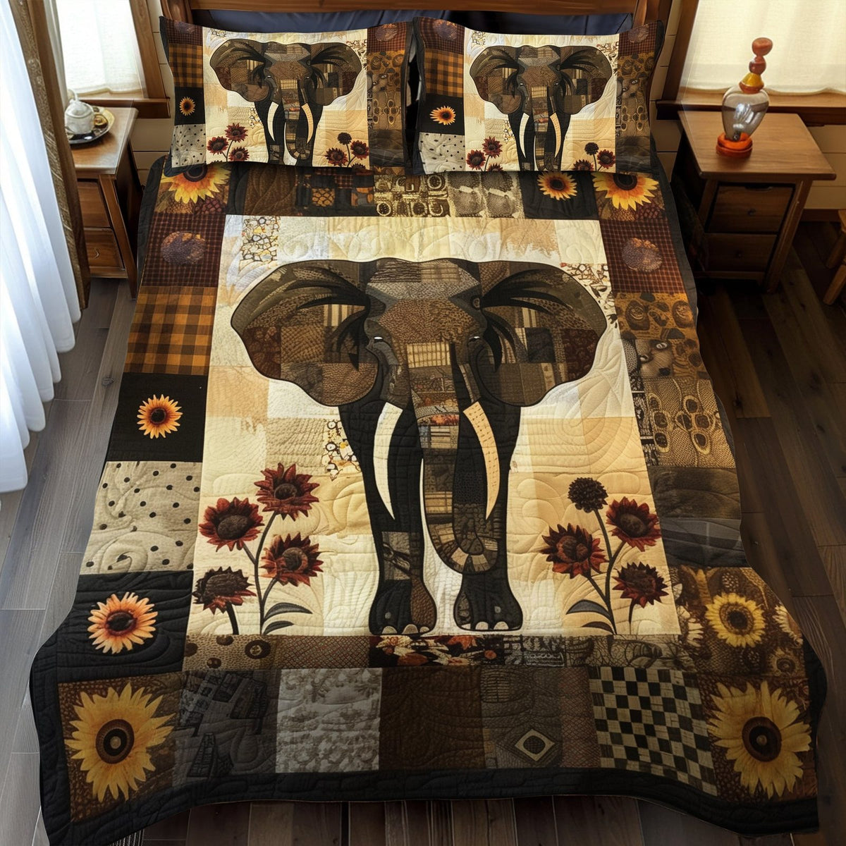Rustic Sunflower Elephant quilted 3-piece bedding set on a made bed in a farmhouse bedroom