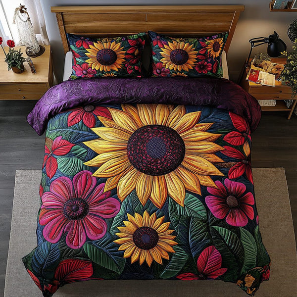 Rustic Sunflower quilted 3-piece bedding set on a made bed in a farmhouse bedroom