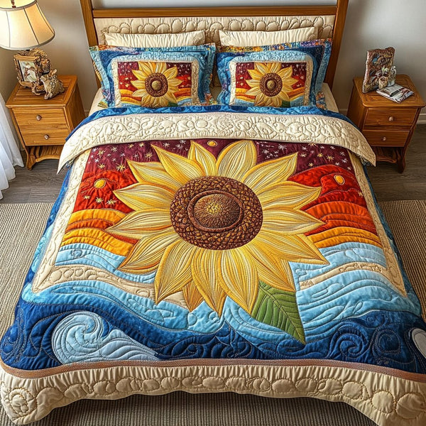 Rustic Sunflower quilted 3-piece bedding set on a made bed in a farmhouse bedroom