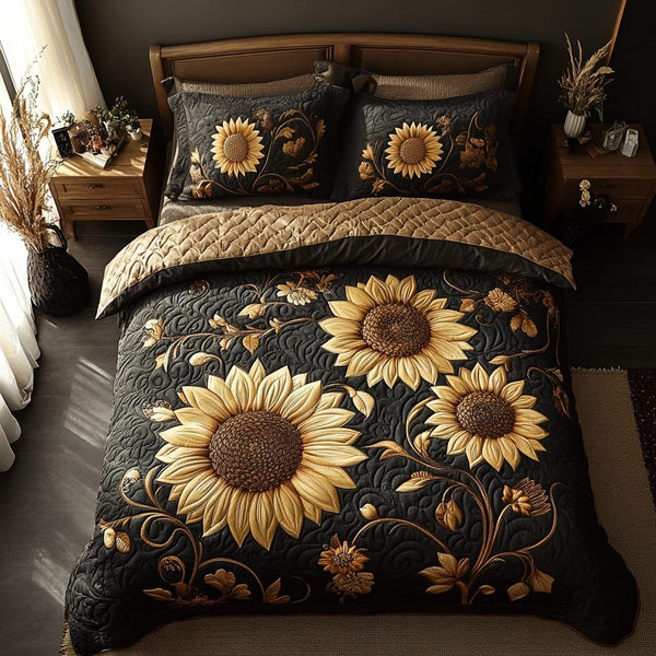 Rustic Sunflower quilted 3-piece bedding set on a made bed in a farmhouse bedroom