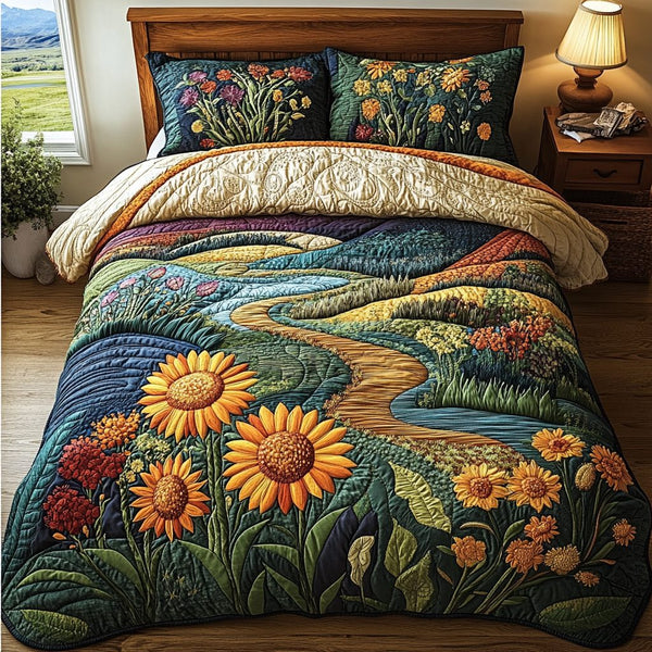 Rustic Sunflower quilted 3-piece bedding set on a made bed in a farmhouse bedroom