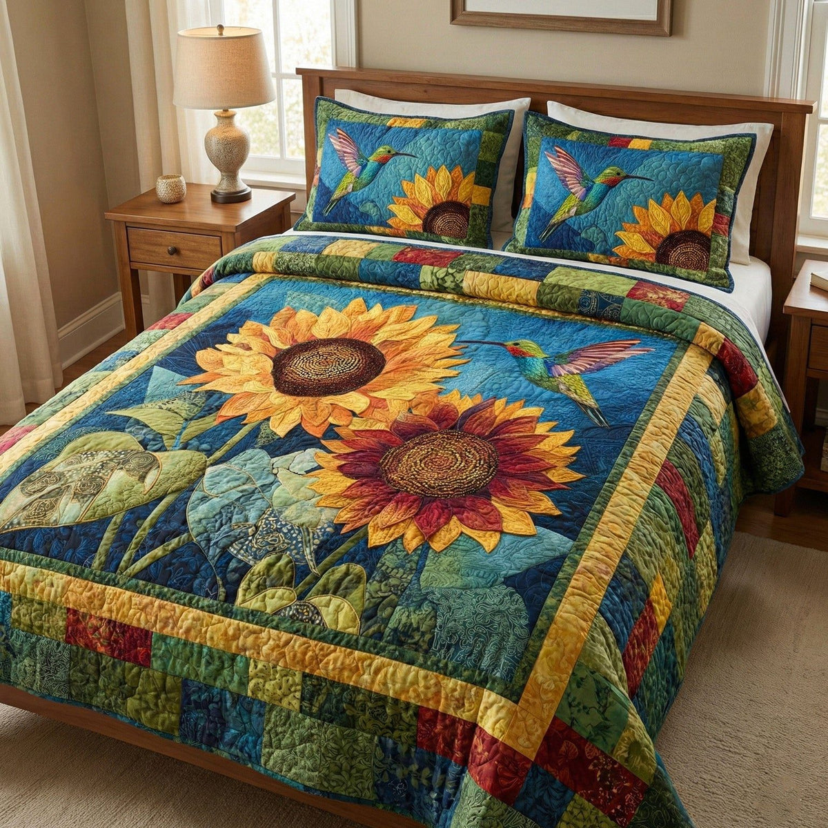 Rustic Sunflower quilted 3-piece bedding set on a made bed in a farmhouse bedroom