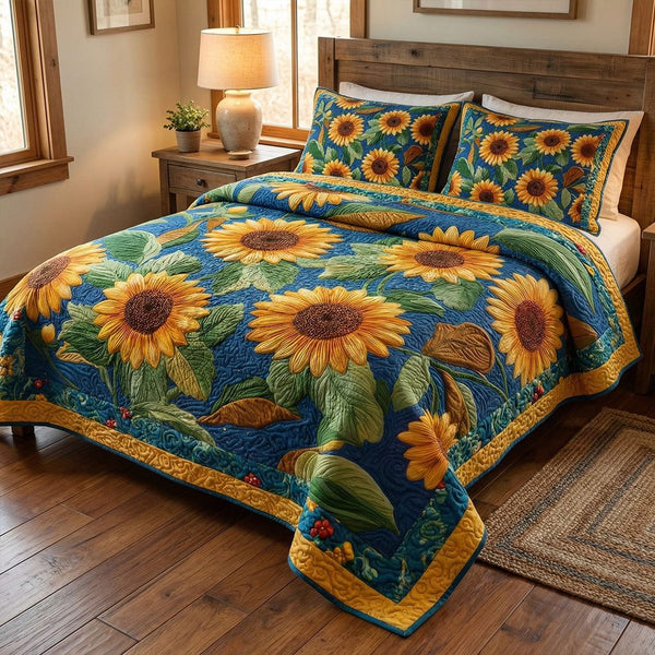 Rustic Sunflower Retreat quilted 3-piece bedding set on a made bed in a farmhouse bedroom