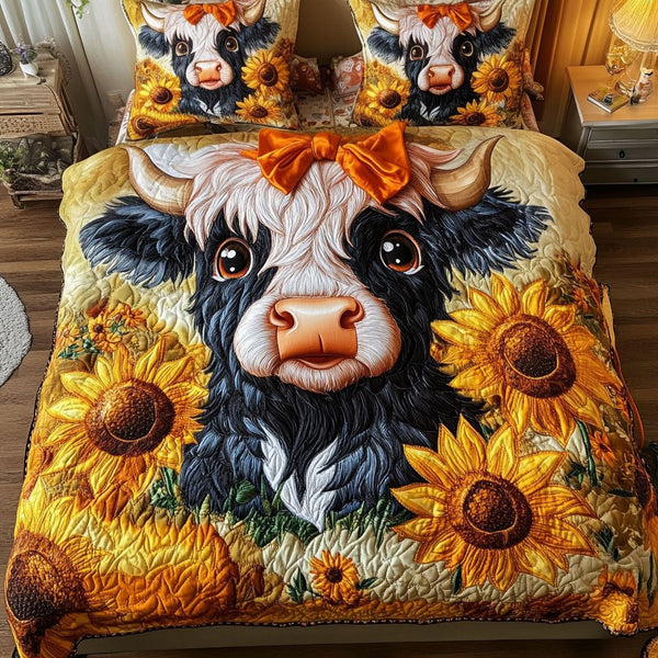 Rustic Sunflowers quilted 3-piece bedding set on a made bed in a farmhouse bedroom