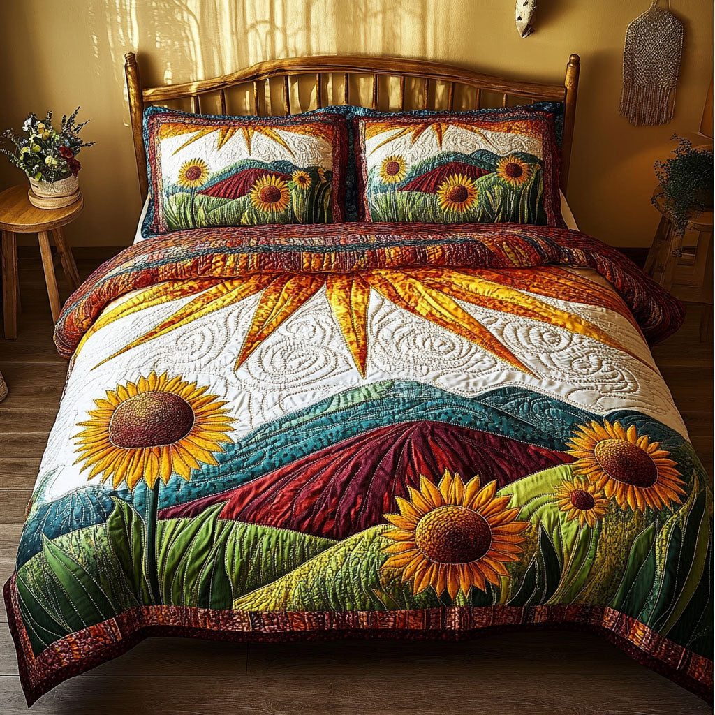 Rustic Sunlight Symphony quilted 3-piece bedding set on a made bed in a farmhouse bedroom