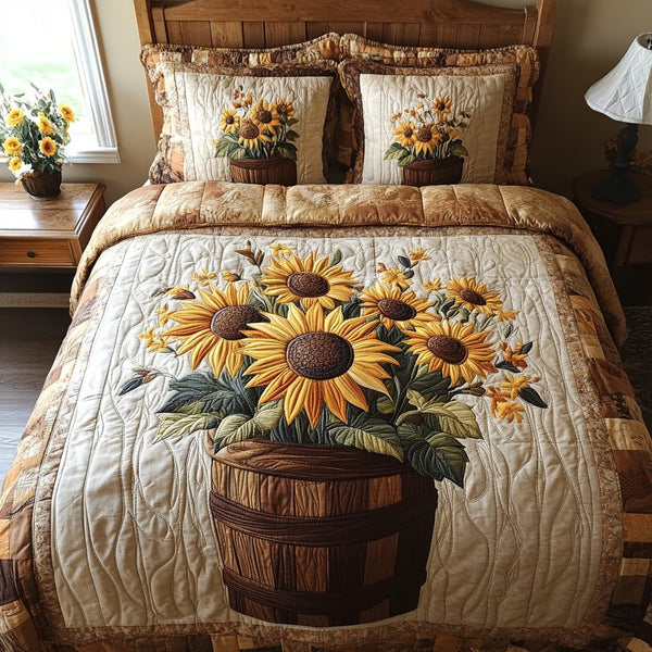Rustic Sunrise quilted 3-piece bedding set on a made bed in a farmhouse bedroom