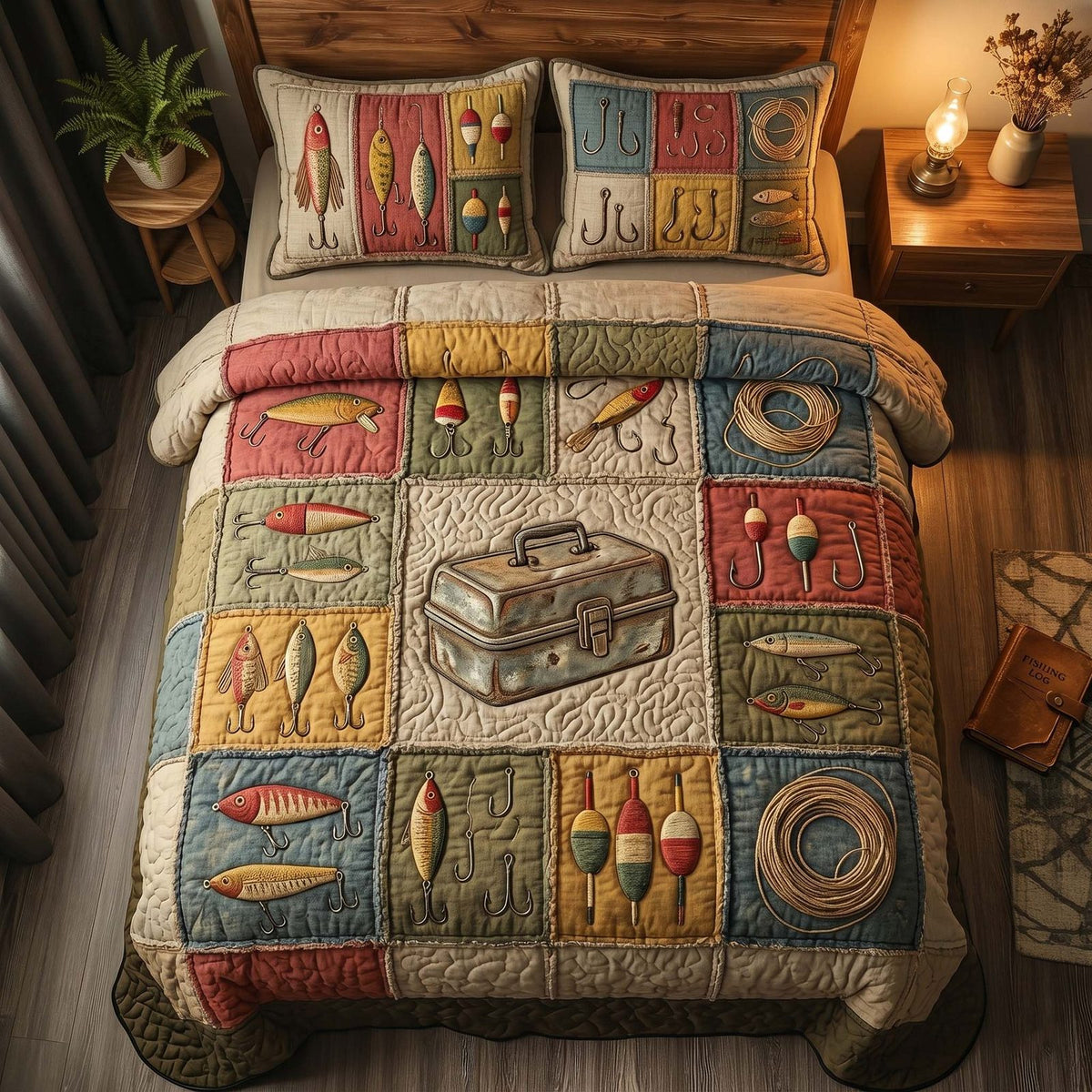 Rustic Tackle quilted 3-piece bedding set on a made bed in a farmhouse bedroom