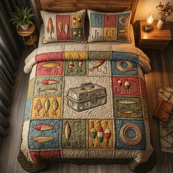 Rustic Tackle quilted 3-piece bedding set on a made bed in a farmhouse bedroom