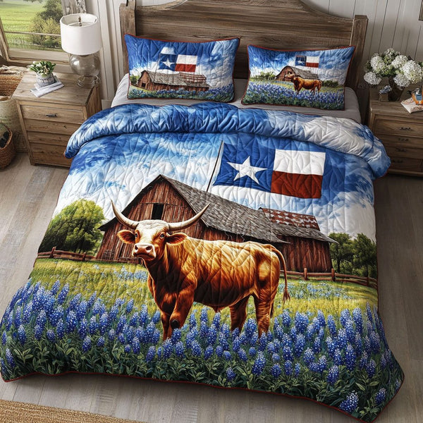 Rustic Texas quilted 3-piece bedding set on a made bed in a rustic timber bedroom