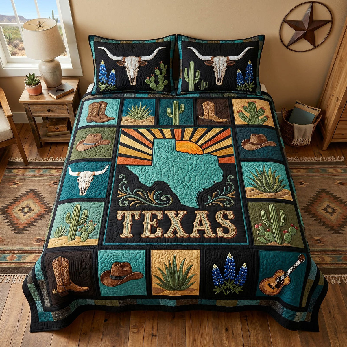 Rustic Texas quilted 3-piece bedding set on a made bed in a rustic timber bedroom
