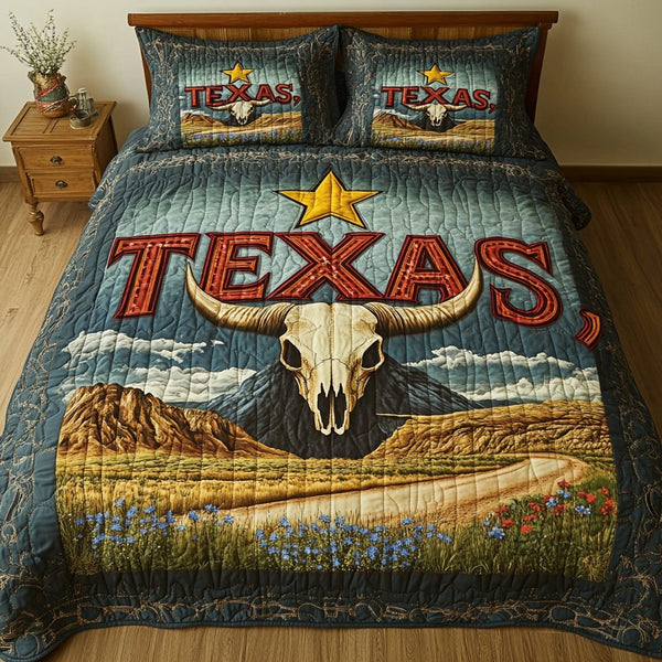 Rustic Texas quilted 3-piece bedding set on a made bed in a rustic timber bedroom