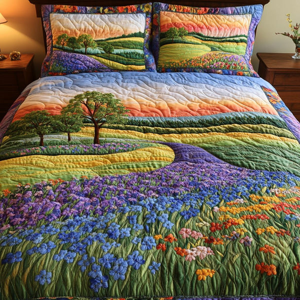 Rustic Texas quilted 3-piece bedding set on a made bed in a rustic timber bedroom