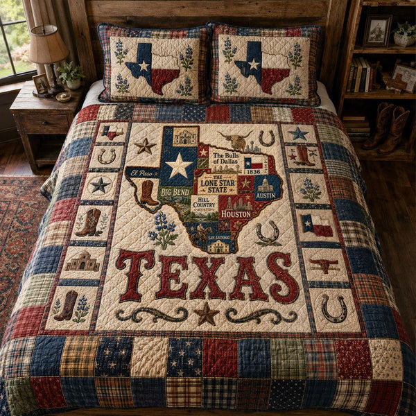 Rustic Texas Ranch quilted 3-piece bedding set on a made bed in a rustic timber bedroom