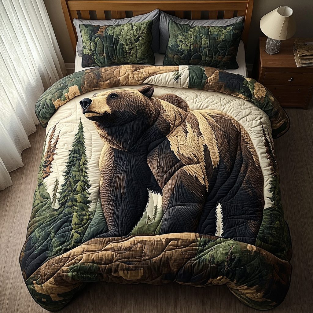Rustic Tracks quilted 3-piece bedding set on a made bed in a farmhouse bedroom