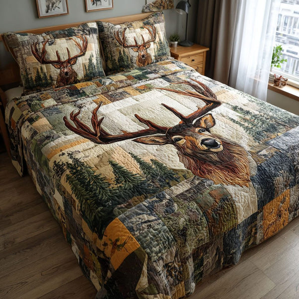 Rustic Tracks quilted 3-piece bedding set on a made bed in a farmhouse bedroom