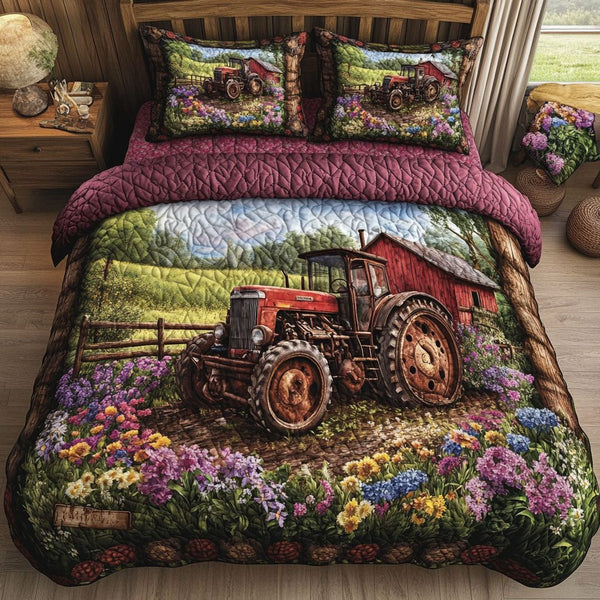 Rustic Tractor quilted 3-piece bedding set on a made bed in a farmhouse bedroom
