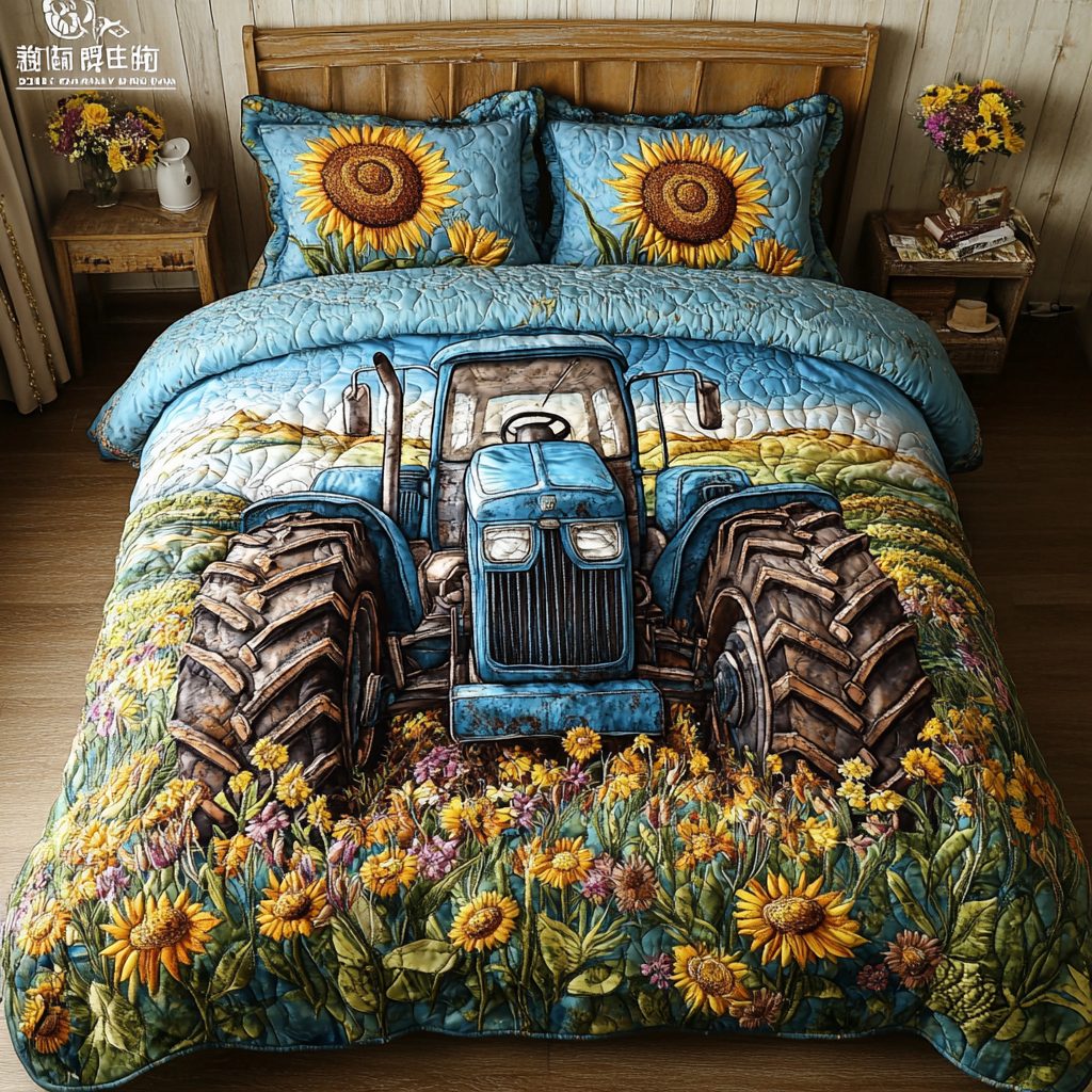Rustic Tractor quilted 3-piece bedding set on a made bed in a farmhouse bedroom