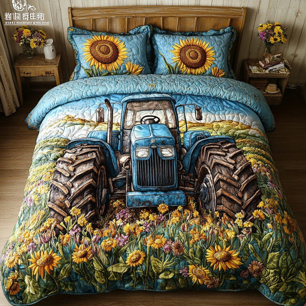 Rustic Tractor quilted 3-piece bedding set on a made bed in a farmhouse bedroom
