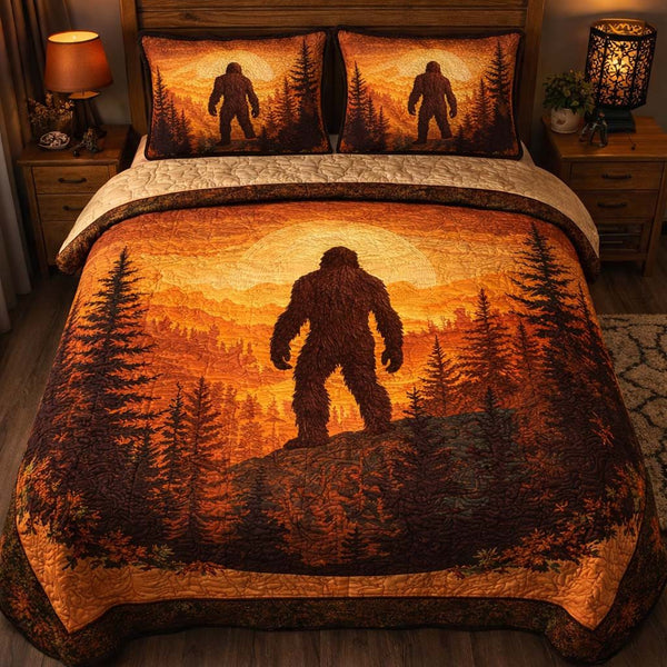 Rustic Trail Bigfoot quilted 3-piece bedding set on a made bed in a farmhouse bedroom