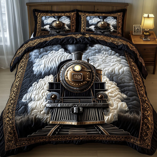 Rustic train quilted 3-piece bedding set on a made bed in a farmhouse bedroom