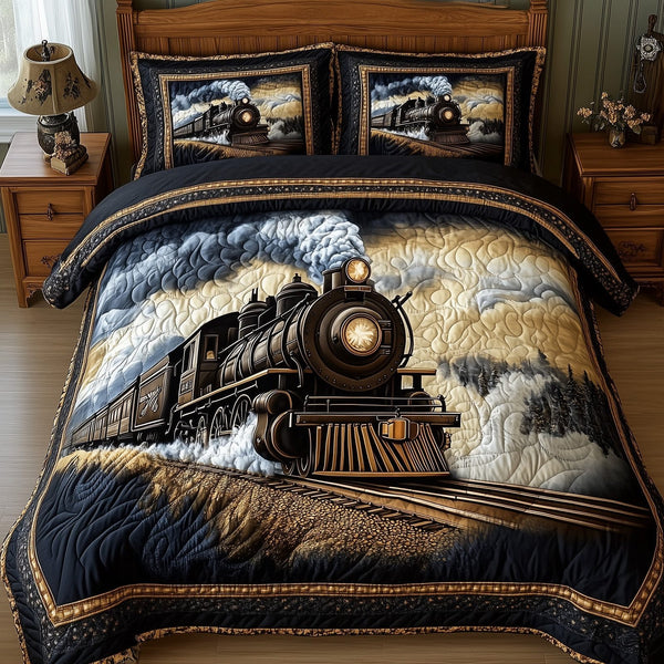 Rustic train quilted 3-piece bedding set on a made bed in a farmhouse bedroom