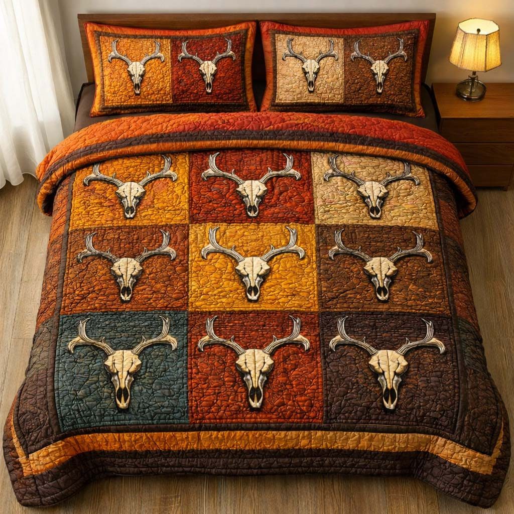 Rustic Trophy quilted 3-piece bedding set on a made bed in a farmhouse bedroom