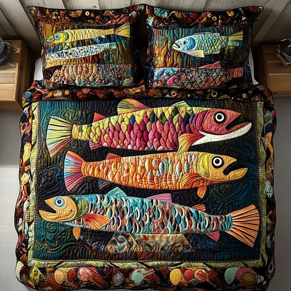 Rustic Trout quilted 3-piece bedding set on a made bed in a farmhouse bedroom