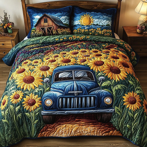 Rustic Truck quilted 3-piece bedding set on a made bed in a farmhouse bedroom