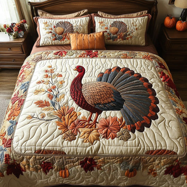 Rustic Turkey quilted 3-piece bedding set on a made bed in a farmhouse bedroom