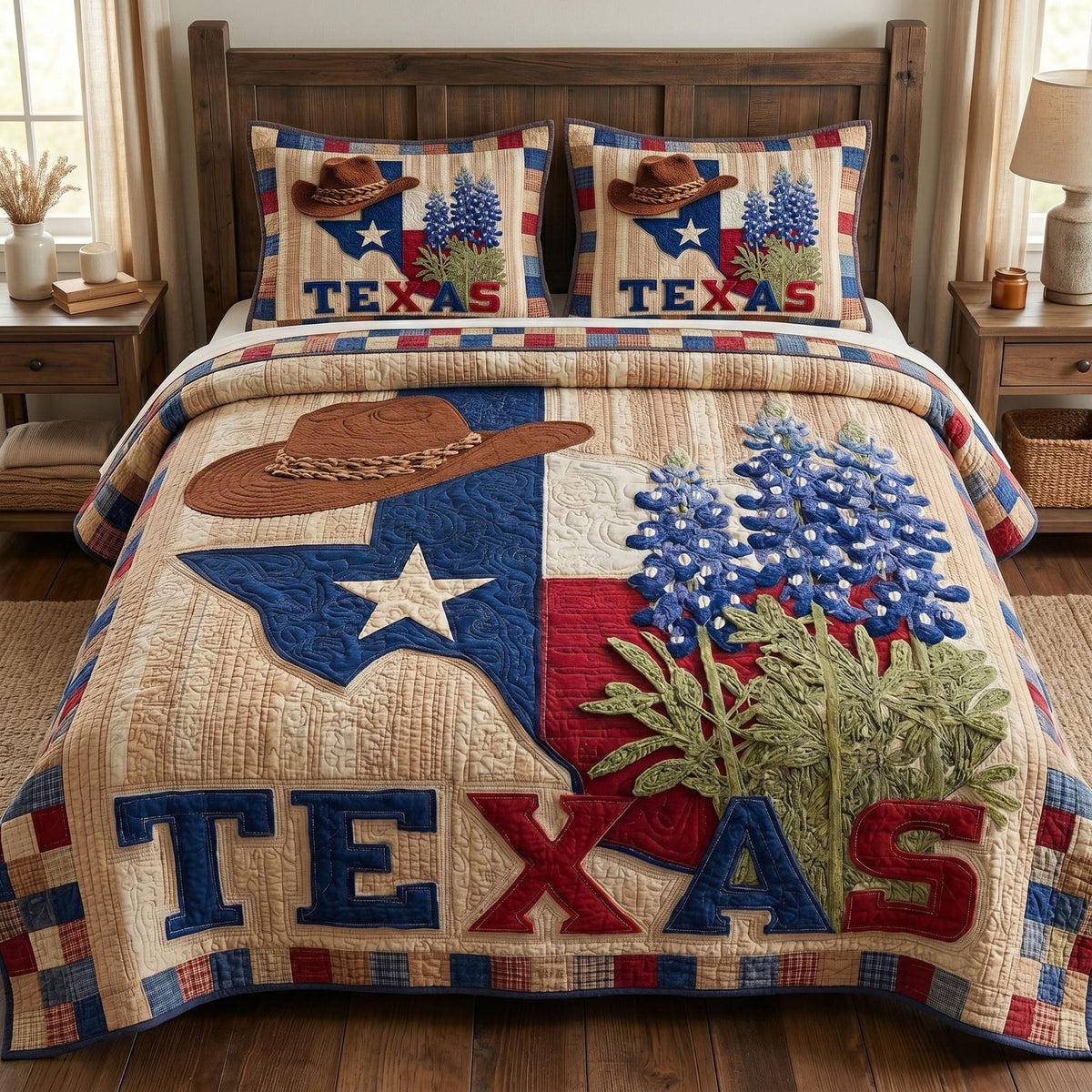 Rustic Wagon quilted 3-piece bedding set on a made bed in a farmhouse bedroom