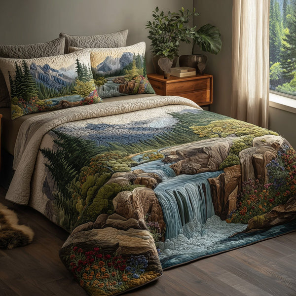 Rustic Waterfall quilted 3-piece bedding set on a made bed in a farmhouse bedroom