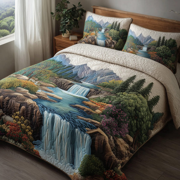 Rustic Waterfall quilted 3-piece bedding set on a made bed in a farmhouse bedroom