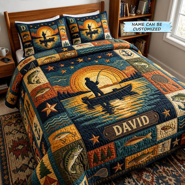 Rustic Waters 3-Piece Quilted Bedding Set quilted 3-piece bedding set on a made bed in a farmhouse bedroom