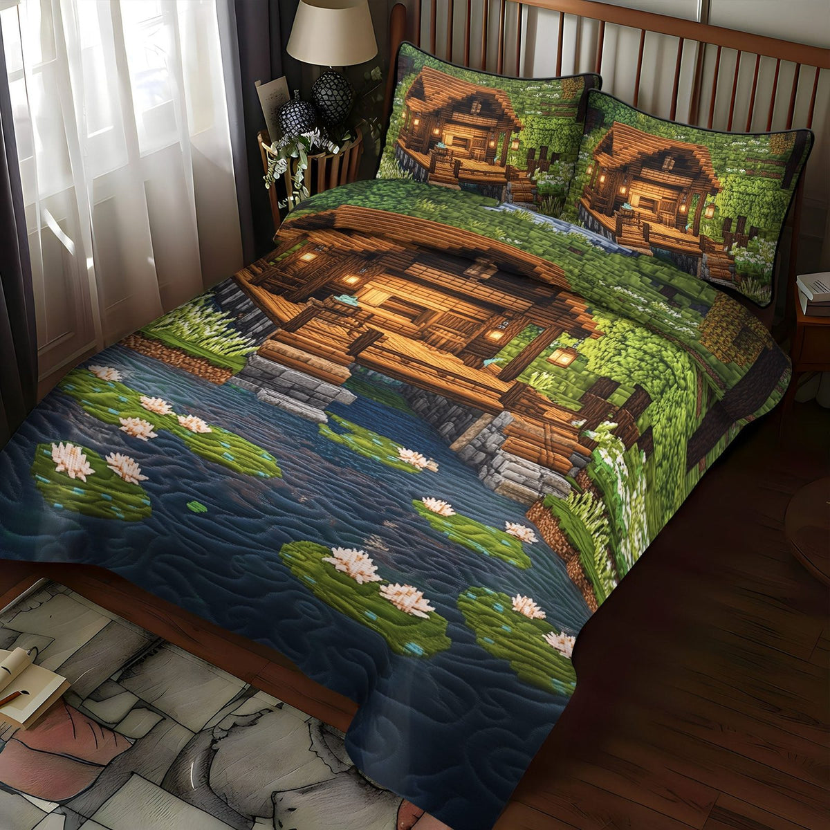 Rustic Waterside quilted 3-piece bedding set on a made bed in a farmhouse bedroom