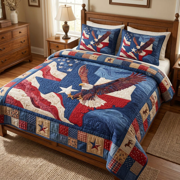 Rustic Western quilted 3-piece bedding set on a made bed in a rustic timber bedroom