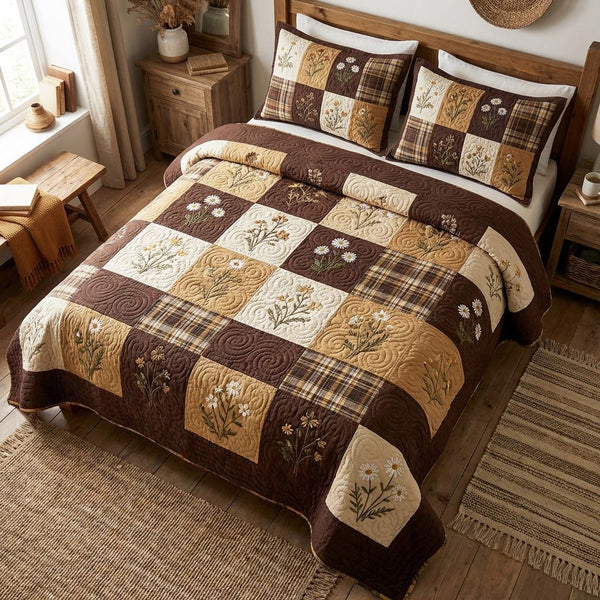 Rustic Wheat quilted 3-piece bedding set on a made bed in a farmhouse bedroom
