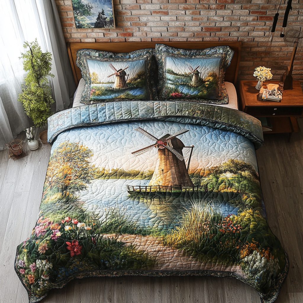Rustic Whispers quilted 3-piece bedding set on a made bed in a farmhouse bedroom