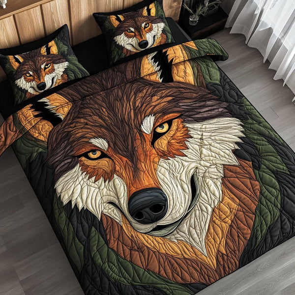 Rustic Wild Wolf quilted 3-piece bedding set on a made bed in a farmhouse bedroom