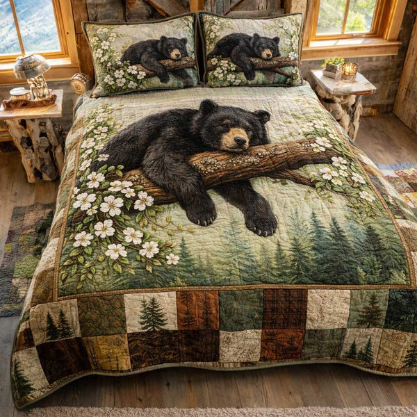 Rustic Wilderness quilted 3-piece bedding set on a made bed in a farmhouse bedroom