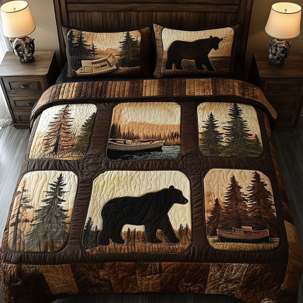 Rustic Wilderness quilted 3-piece bedding set on a made bed in a farmhouse bedroom