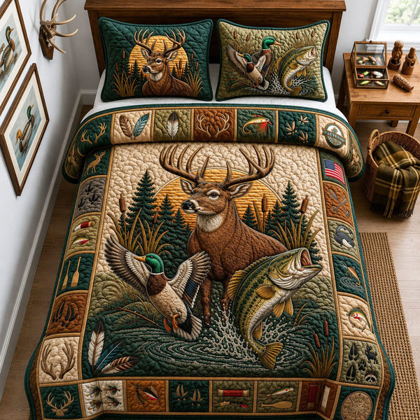 Rustic Wildlife quilted 3-piece bedding set on a made bed in a farmhouse bedroom