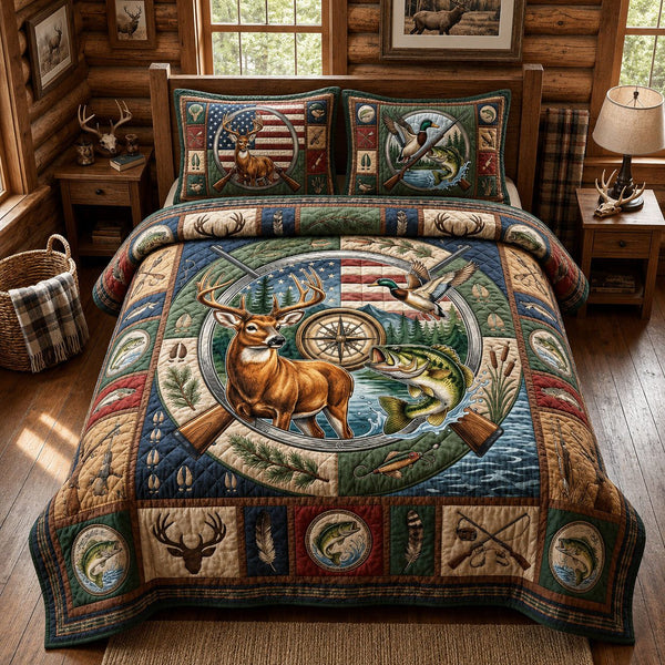 Rustic Wildlife quilted 3-piece bedding set on a made bed in a farmhouse bedroom