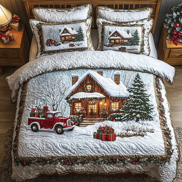 Rustic Winter Cabin quilted 3-piece bedding set on a made bed in a winter-styled bedroom