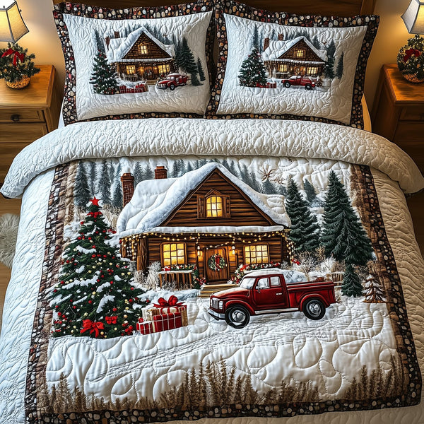 Rustic Winter Cabin quilted 3-piece bedding set on a made bed in a winter-styled bedroom