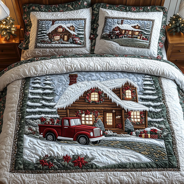 Rustic Winter Cabin quilted 3-piece bedding set on a made bed in a winter-styled bedroom