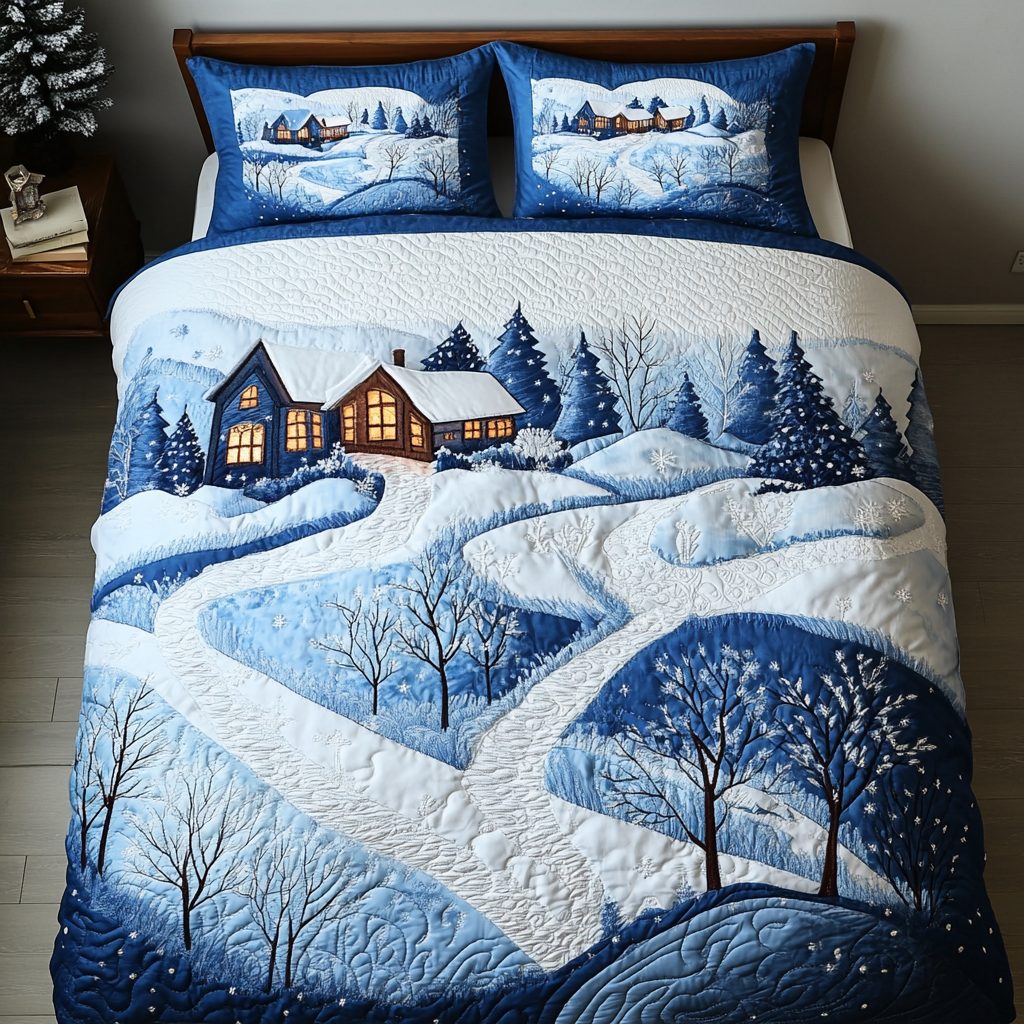 Rustic Winter Wonderland quilted 3-piece bedding set on a made bed in a winter-styled bedroom