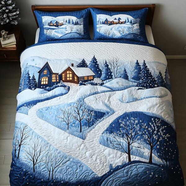 Rustic Winter Wonderland quilted 3-piece bedding set on a made bed in a winter-styled bedroom
