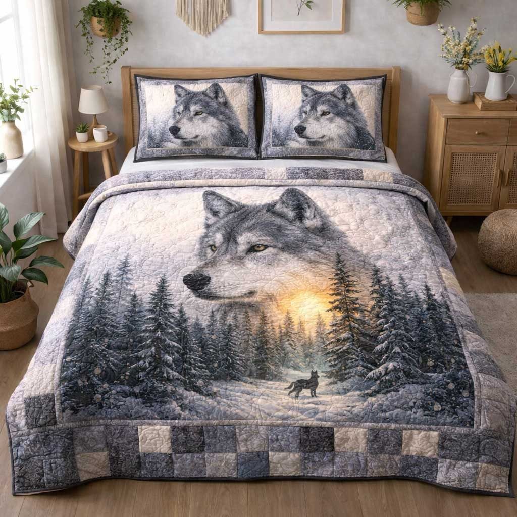 Rustic Wolf quilted 3-piece bedding set on a made bed in a farmhouse bedroom